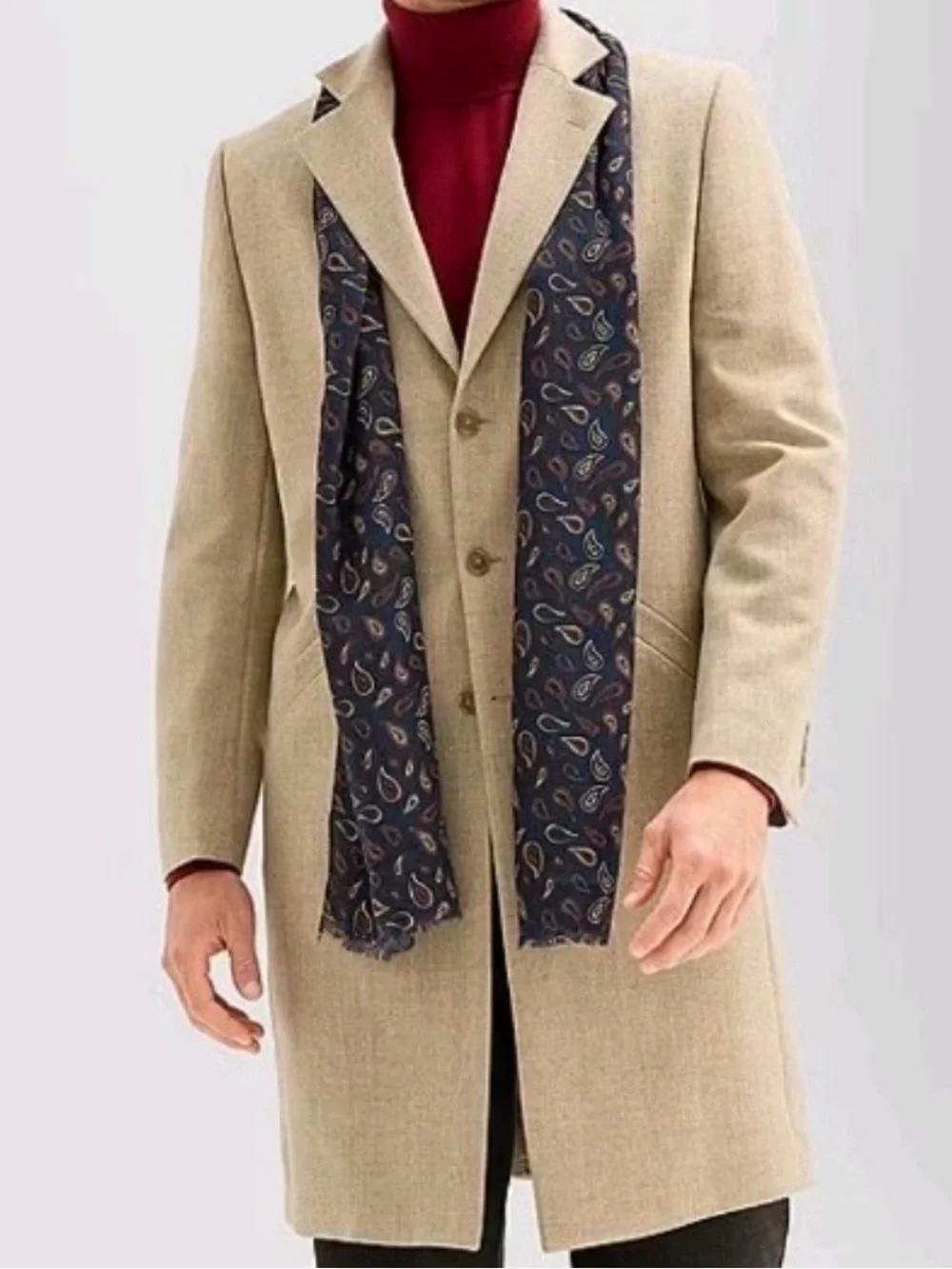 NWT Stafford Mens Sz XXL 100% Wool Oatmeal Beige Long Coat With Scarf $260
